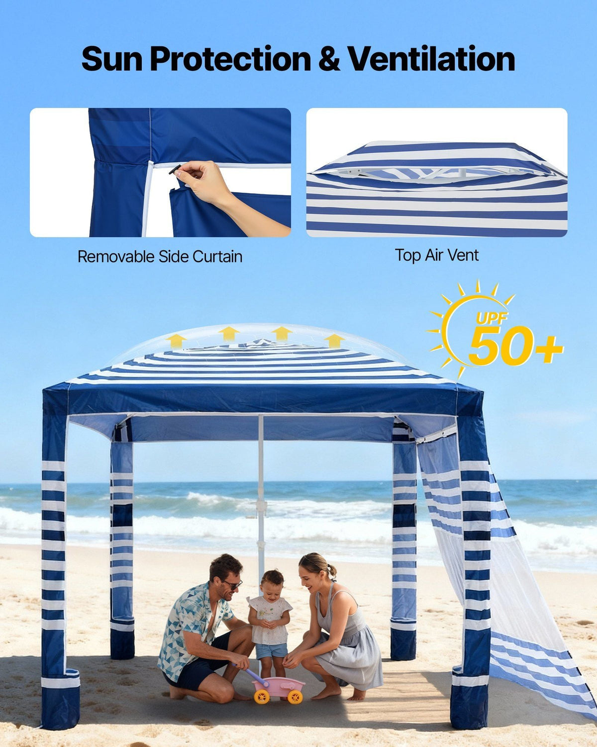 Beach Cabana, 8 x 8 ft Beach Canopy with Side Wall, UPF 50+ Protection Easy Setup Cabana Tent with Sand Pockets, Adjustable Height Portable Shade Sun Shelter Umbrella for Family, Navy Stripes
