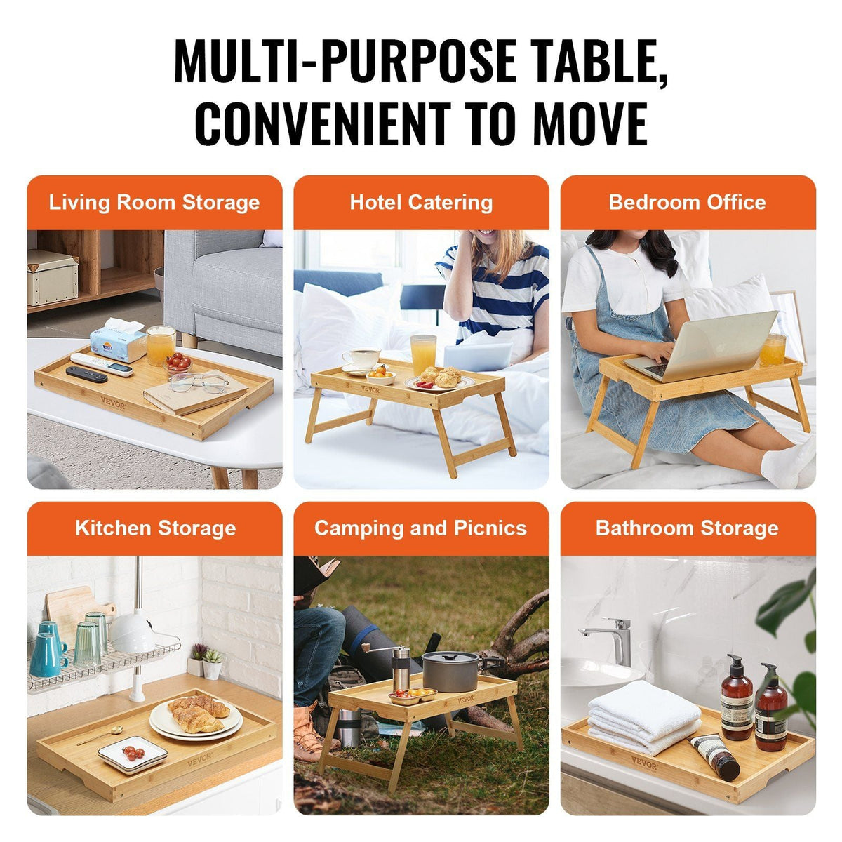 Bed Tray Table with Foldable Legs, Bamboo Breakfast Tray for Sofa, Bed, Eating, Snacking, and Working, Folding Serving Laptop Desk Tray, Portable Food Snack Platter for Picnic, 19.7" x 11.8"