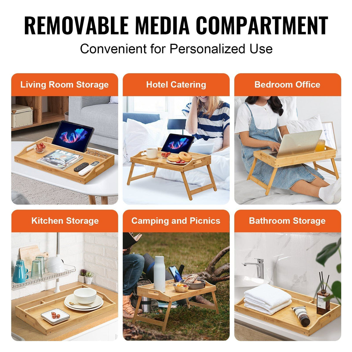 Bed Tray Table with Foldable Legs & Media Slot, Bamboo Breakfast Tray for Sofa, Bed, Eating, Snacking, and Working, Serving Laptop Desk Tray TV Tray, Portable Food Snack Platter, 19.7" x 11.8"