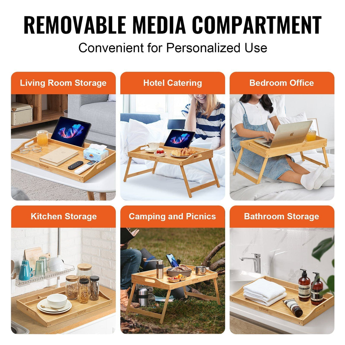 Bed Tray Table with Foldable Legs & Media Slot, Bamboo Breakfast Tray for Sofa, Bed, Eating, Snacking, and Working, Serving Laptop Desk Tray TV Tray, Portable Food Snack Platter, 21.6" x 13.8"