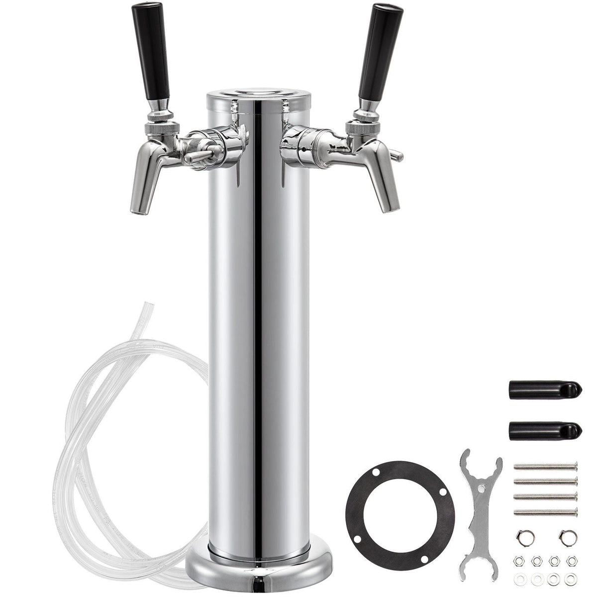 Beer Tower, Double Adjustable Brass Faucet Kegerator Tower, Stainless Steel Draft Beer Tower, 3" Diameter Column Beer Dispenser Tower, Beer Tower Kit with Wrench, Black Handle for Home & Bar