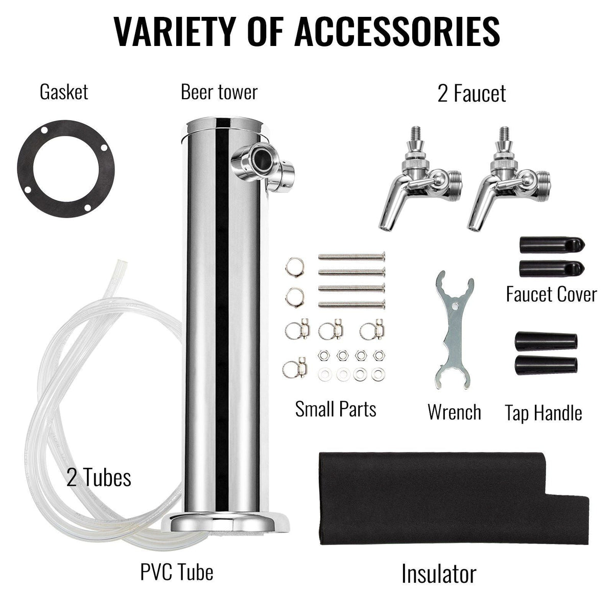 Beer Tower, Double Adjustable Brass Faucet Kegerator Tower, Stainless Steel Draft Beer Tower, 3" Diameter Column Beer Dispenser Tower, Beer Tower Kit with Wrench, Black Handle for Home & Bar