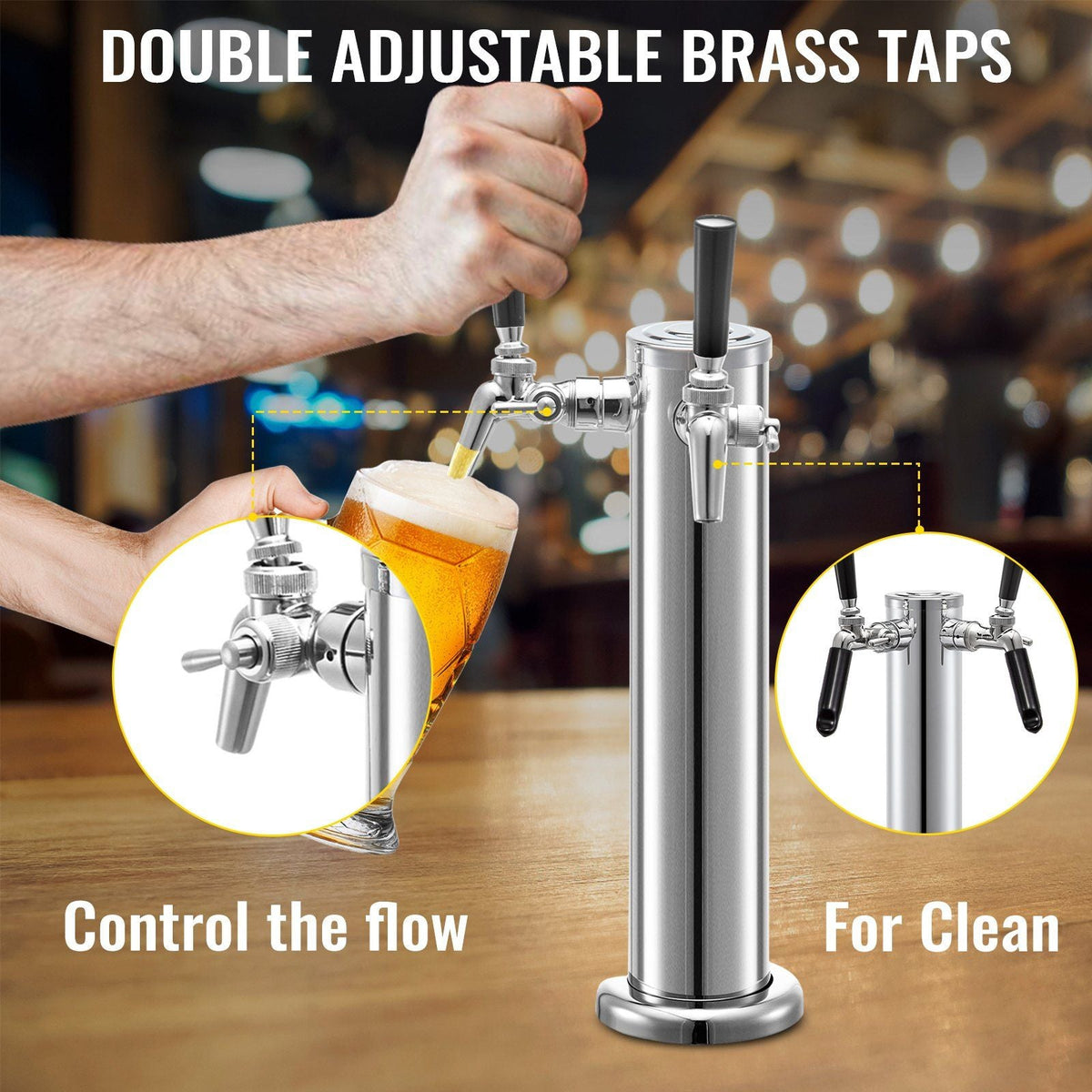 Beer Tower, Double Adjustable Brass Faucet Kegerator Tower, Stainless Steel Draft Beer Tower, 3" Diameter Column Beer Dispenser Tower, Beer Tower Kit with Wrench, Black Handle for Home & Bar