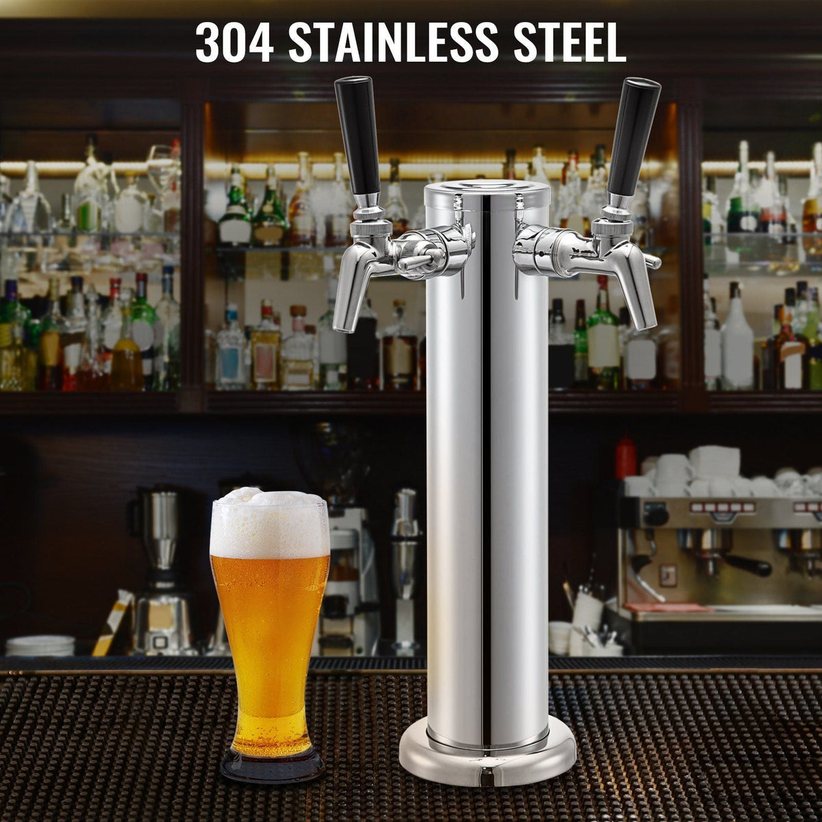 Beer Tower, Double Adjustable Brass Faucet Kegerator Tower, Stainless Steel Draft Beer Tower, 3" Diameter Column Beer Dispenser Tower, Beer Tower Kit with Wrench, Black Handle for Home & Bar