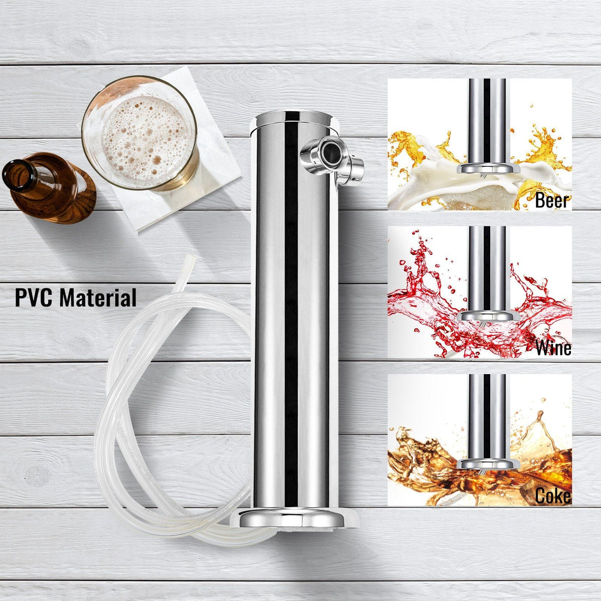 Beer Tower, Double Adjustable Brass Faucet Kegerator Tower, Stainless Steel Draft Beer Tower, 3" Diameter Column Beer Dispenser Tower, Beer Tower Kit with Wrench, Black Handle for Home & Bar