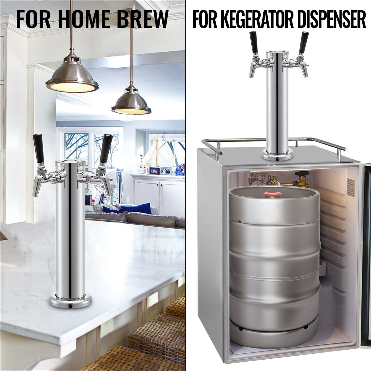 Beer Tower, Double Adjustable Brass Faucet Kegerator Tower, Stainless Steel Draft Beer Tower, 3" Diameter Column Beer Dispenser Tower, Beer Tower Kit with Wrench, Black Handle for Home & Bar