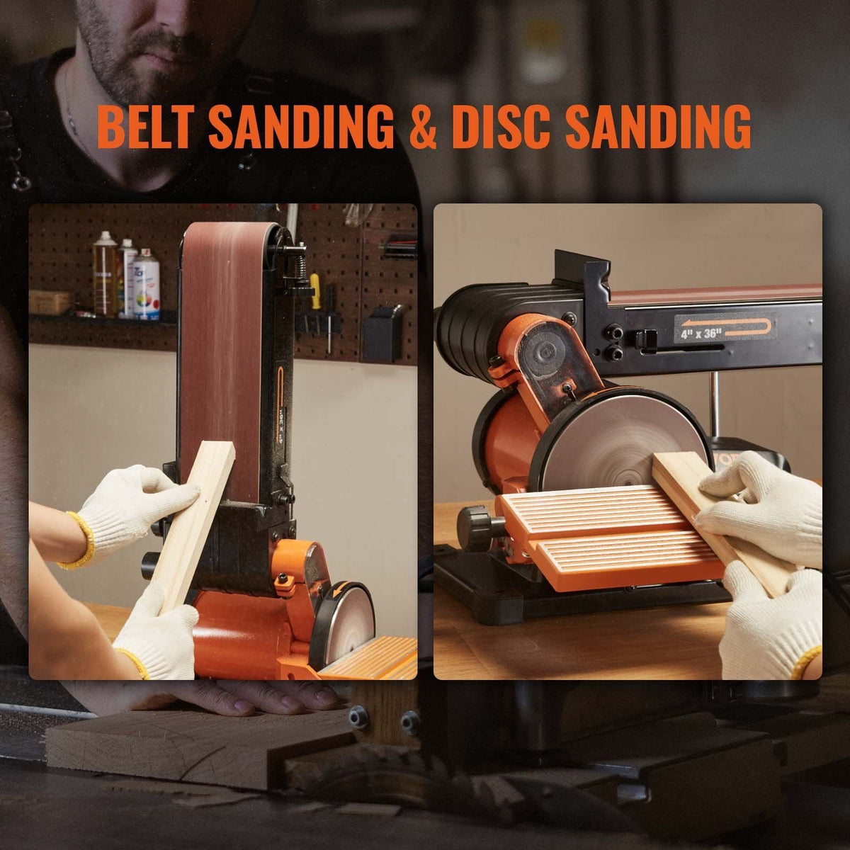 Belt Disc Sander Combo, 6" Disc Sander and 4"x36" Belt Sander with 4.3A Induction Motor 3570RPM, Bench Sander & 0-90° Tiltable Belt and 0-45° Adjustable Cast Aluminum Worktable for Woodworking