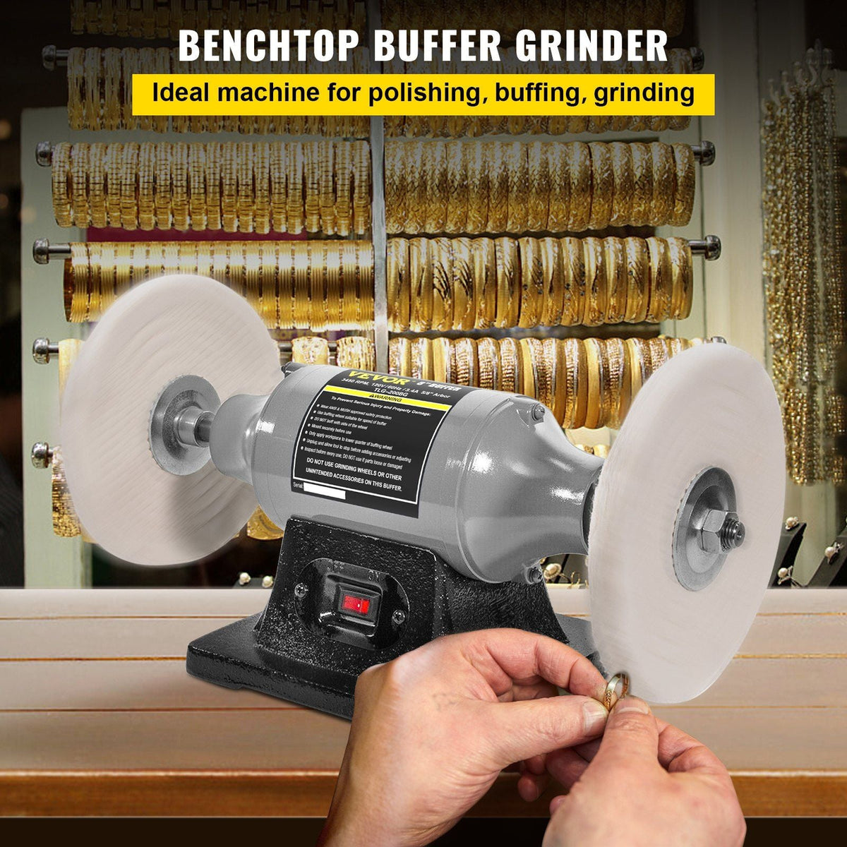 Bench Buffer Polisher, 8 inch Buffing Machine 370W Motor with 3450 RPM, Heavy Duty Benchtop Lathe Polishing Machine for Jewelry, Wood, Silver, Amber, Metal, Jade