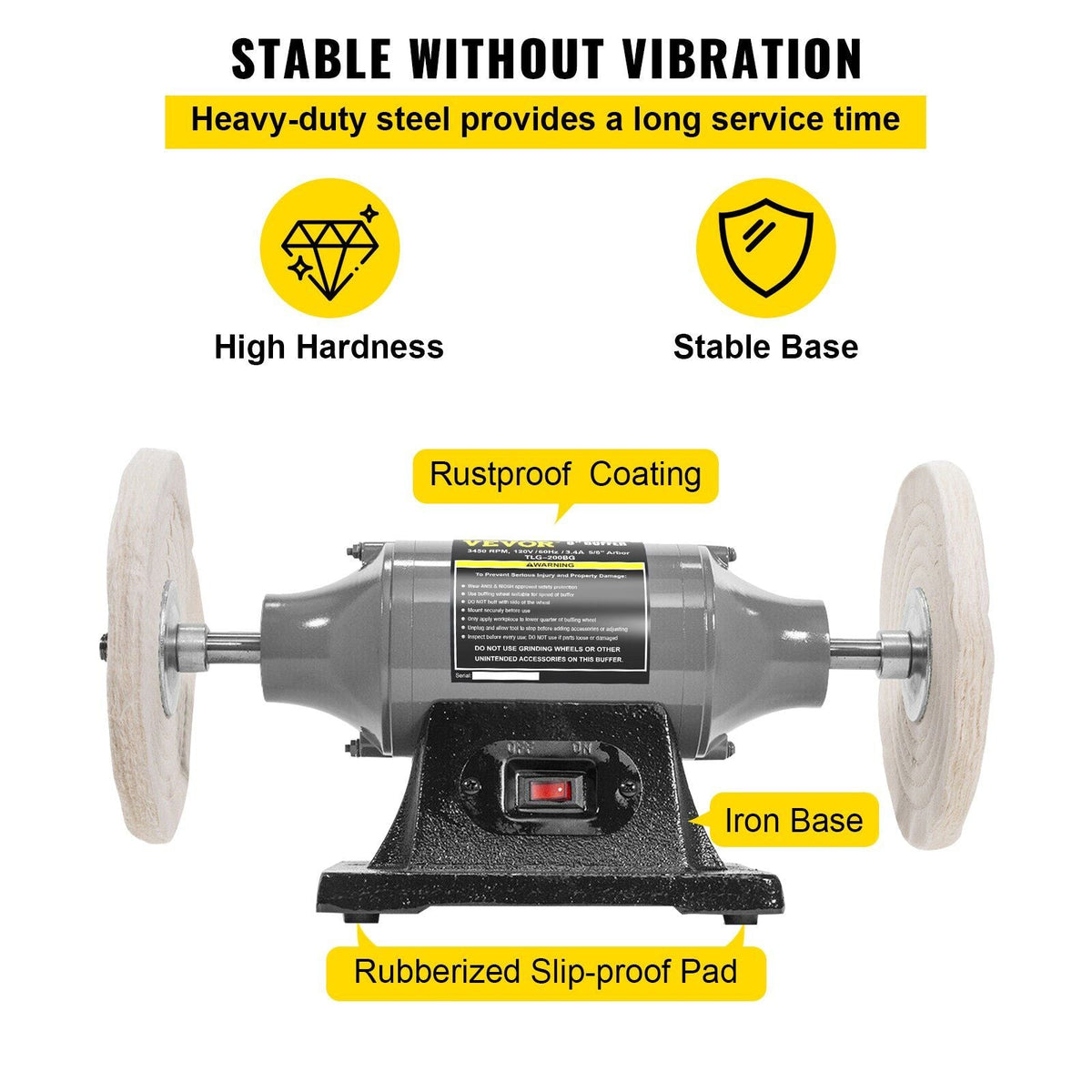 Bench Buffer Polisher, 8 inch Buffing Machine 370W Motor with 3450 RPM, Heavy Duty Benchtop Lathe Polishing Machine for Jewelry, Wood, Silver, Amber, Metal, Jade