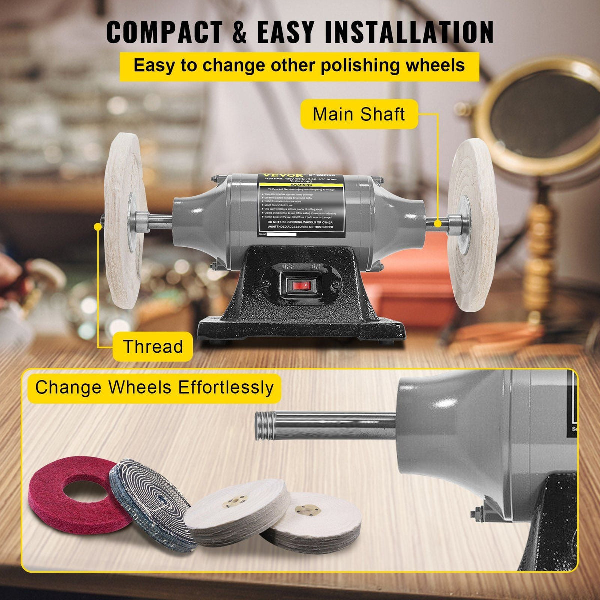 Bench Buffer Polisher, 8 inch Buffing Machine 370W Motor with 3450 RPM, Heavy Duty Benchtop Lathe Polishing Machine for Jewelry, Wood, Silver, Amber, Metal, Jade