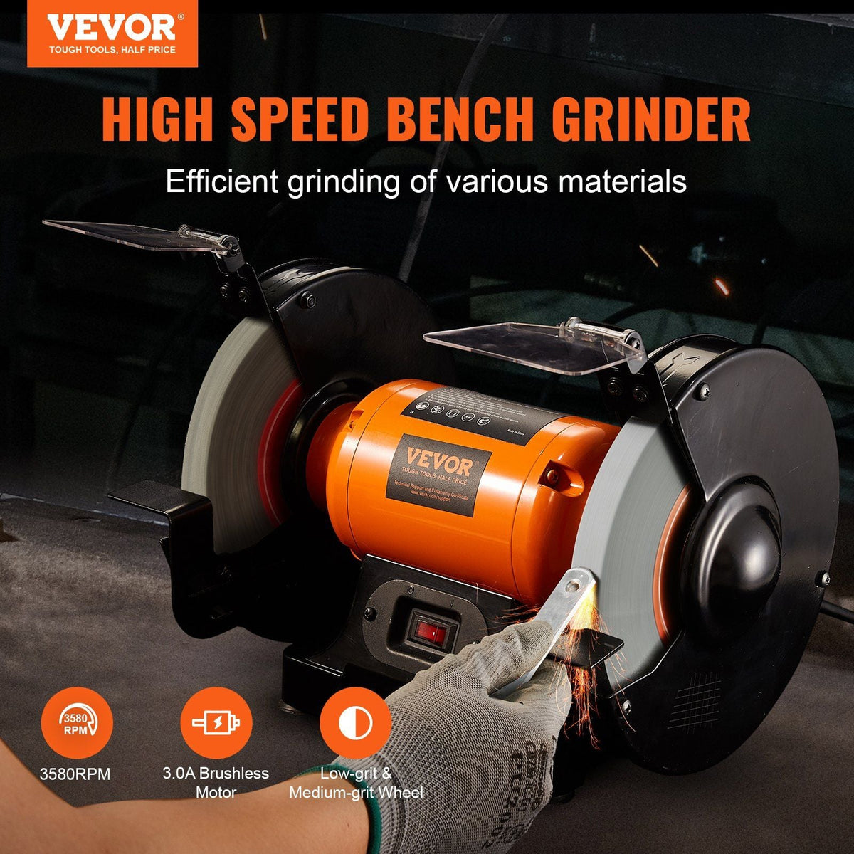 Bench Grinder, 8 inch Single Speed Bench Grinder with 3A Brushless Motor 3580 RPM Table Grinder with 36/80-Grit Grinding Wheels for Grinding, Sharpening Application