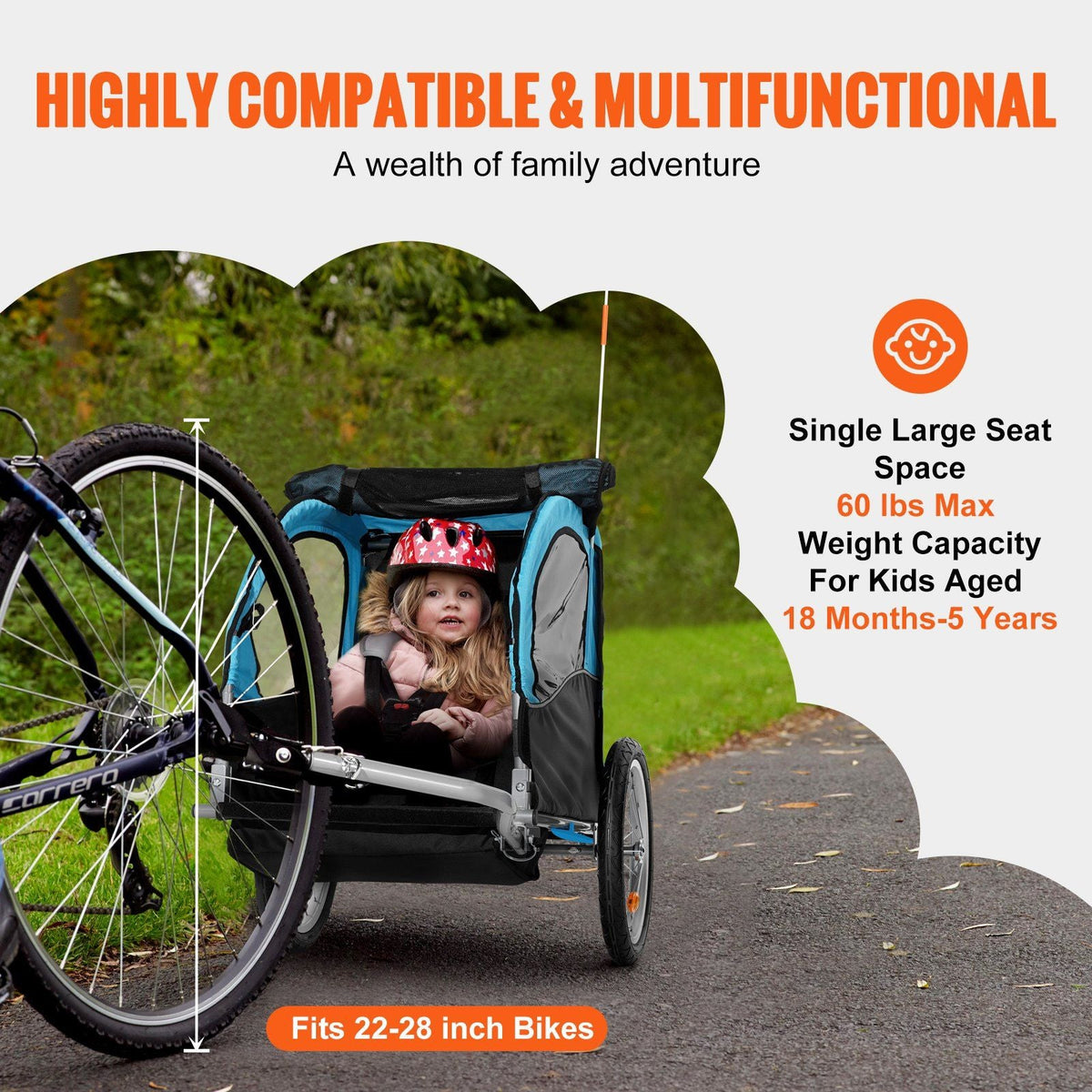 Bike Trailer for Toddlers, Kids, 60 lbs Load, Tow Behind Foldable Child Bicycle Trailer with Universal Bicycle Coupler, Canopy Carrier with Strong Carbon Steel Frame for Children, Blue and Gray