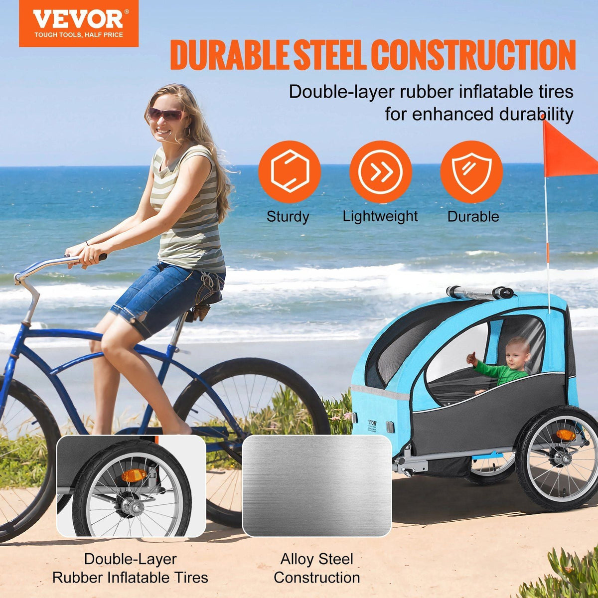 Bike Trailer for Toddlers, Kids, 60 lbs Load, Tow Behind Foldable Child Bicycle Trailer with Universal Bicycle Coupler, Canopy Carrier with Strong Carbon Steel Frame for Children, Blue and Gray