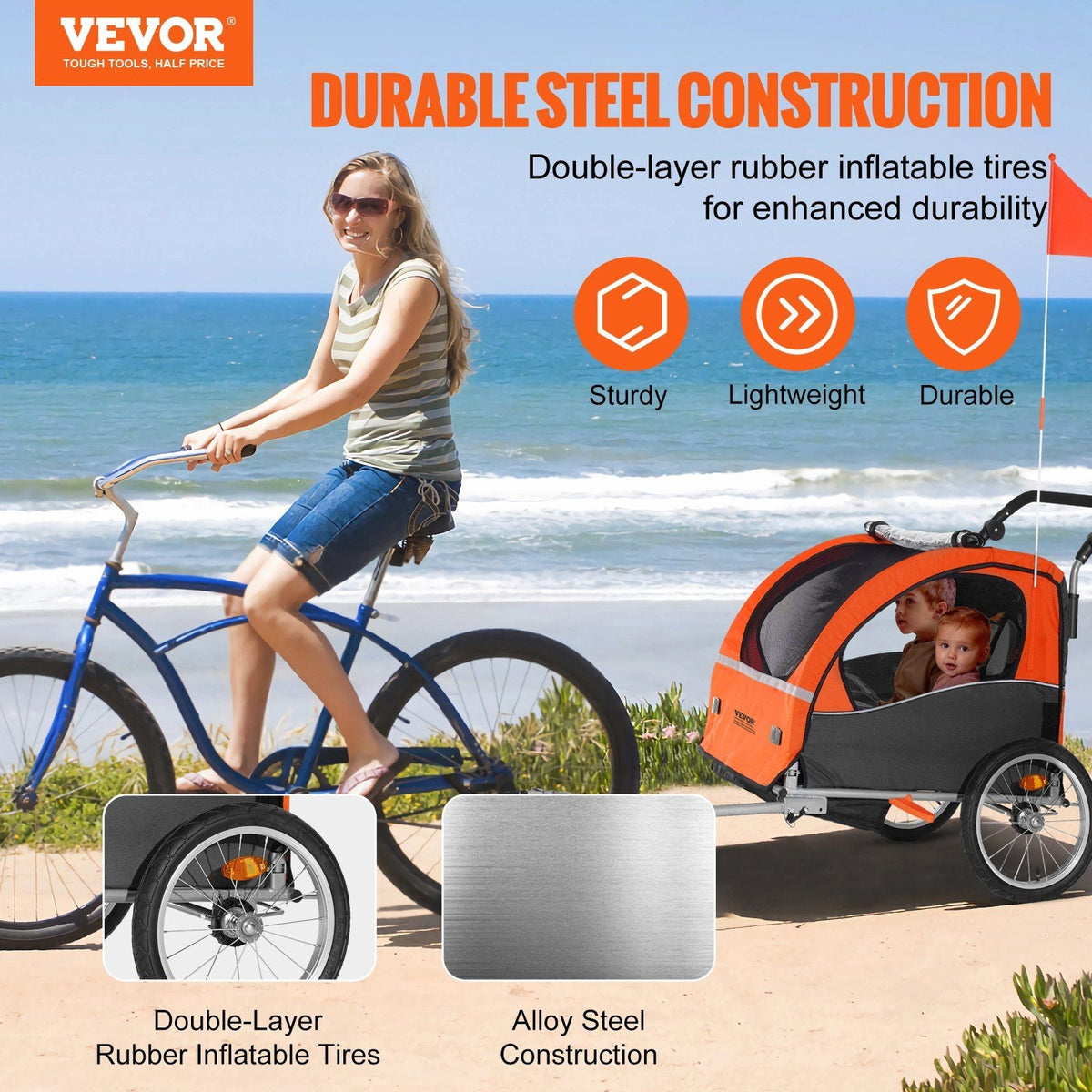 Bike Trailer for Toddlers, Kids, Double Seat, 100 lbs Load, 2-In-1 Canopy Carrier Converts to Stroller, Tow Behind Foldable Child Bicycle Trailer with Universal Bicycle Coupler, Orange and Gray