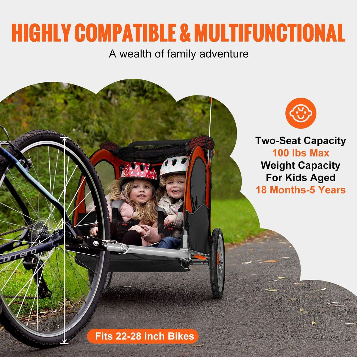 Bike Trailer for Toddlers, Kids, Double Seat, 100 lbs Load, 2-In-1 Canopy Carrier Converts to Stroller, Tow Behind Foldable Child Bicycle Trailer with Universal Bicycle Coupler, Orange and Gray