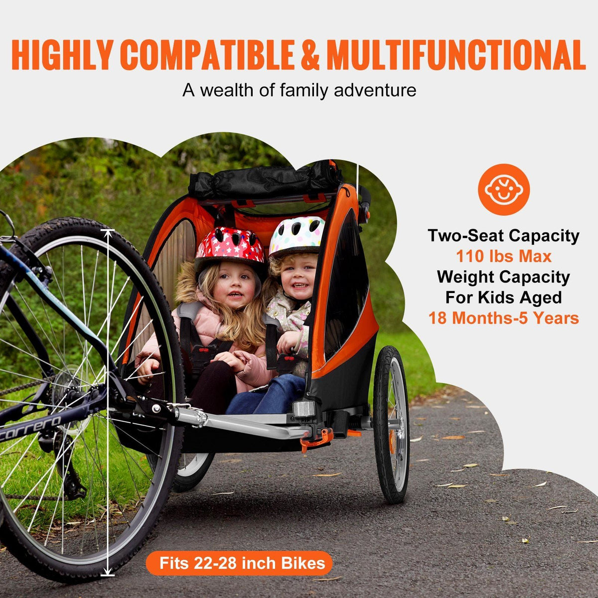 Bike Trailer for Toddlers, Kids, Double Seat, 110 lbs Load, 2-In-1 Canopy Carrier Converts to Stroller, Tow Behind Foldable Child Bicycle Trailer with Universal Bicycle Coupler, Orange and Gray