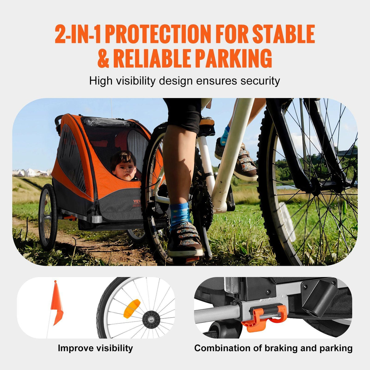 Bike Trailer for Toddlers, Kids, Double Seat, 110 lbs Load, 2-In-1 Canopy Carrier Converts to Stroller, Tow Behind Foldable Child Bicycle Trailer with Universal Bicycle Coupler, Orange and Gray