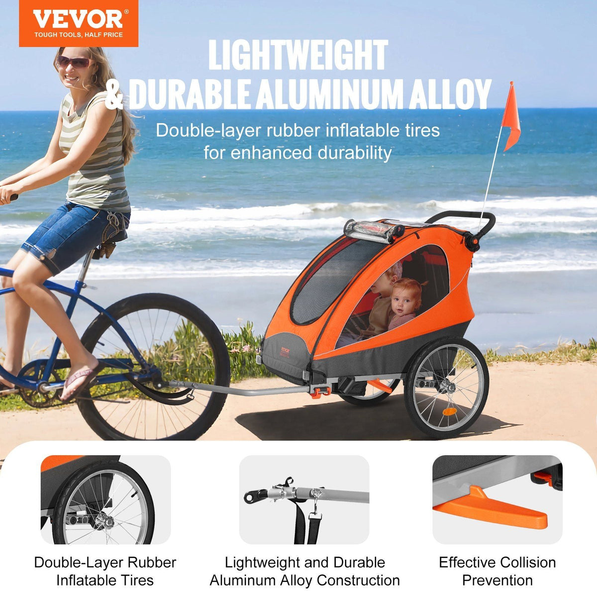 Bike Trailer for Toddlers, Kids, Double Seat, 110 lbs Load, 2-In-1 Canopy Carrier Converts to Stroller, Tow Behind Foldable Child Bicycle Trailer with Universal Bicycle Coupler, Orange and Gray