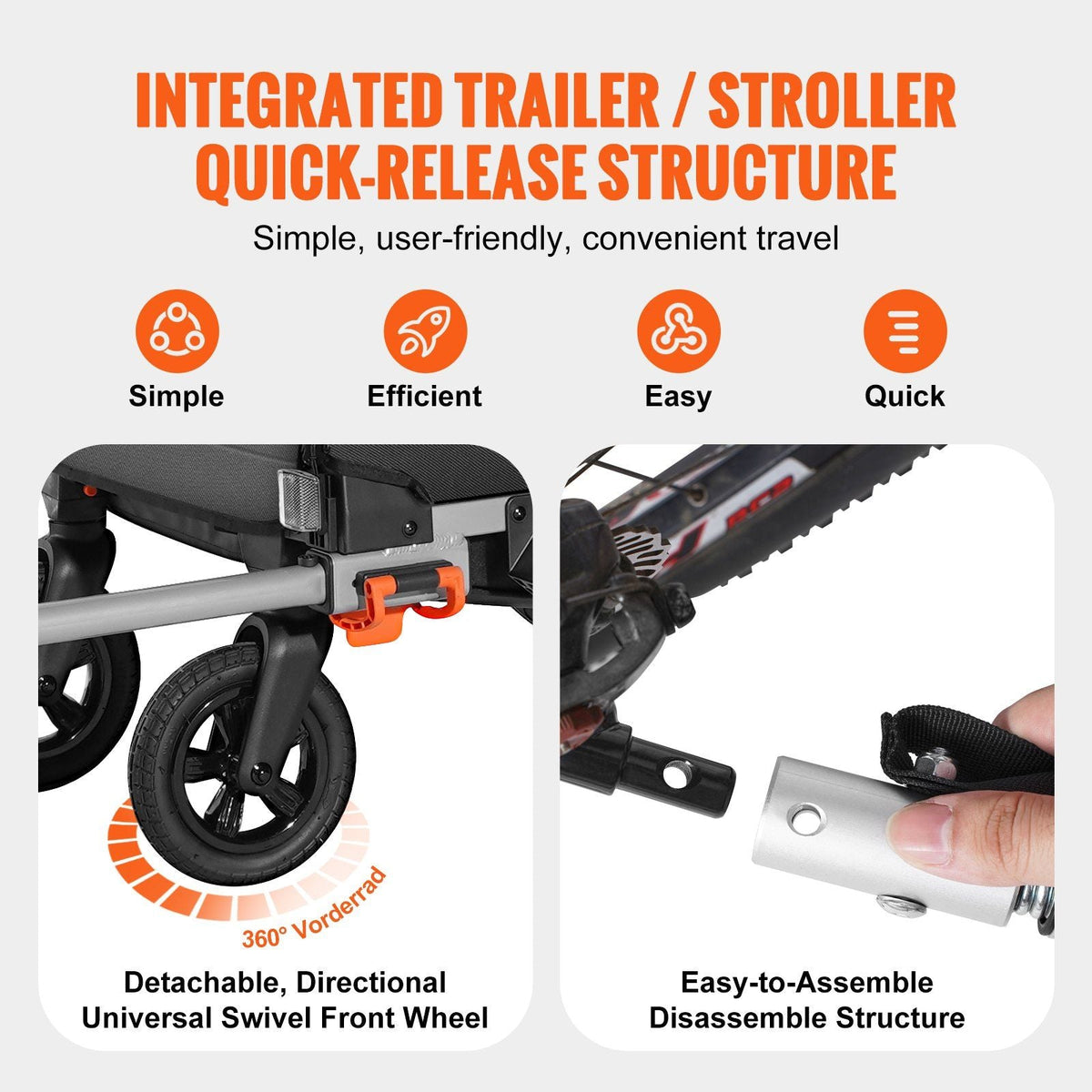 Bike Trailer for Toddlers, Kids, Double Seat, 110 lbs Load, 2-In-1 Canopy Carrier Converts to Stroller, Tow Behind Foldable Child Bicycle Trailer with Universal Bicycle Coupler, Orange and Gray