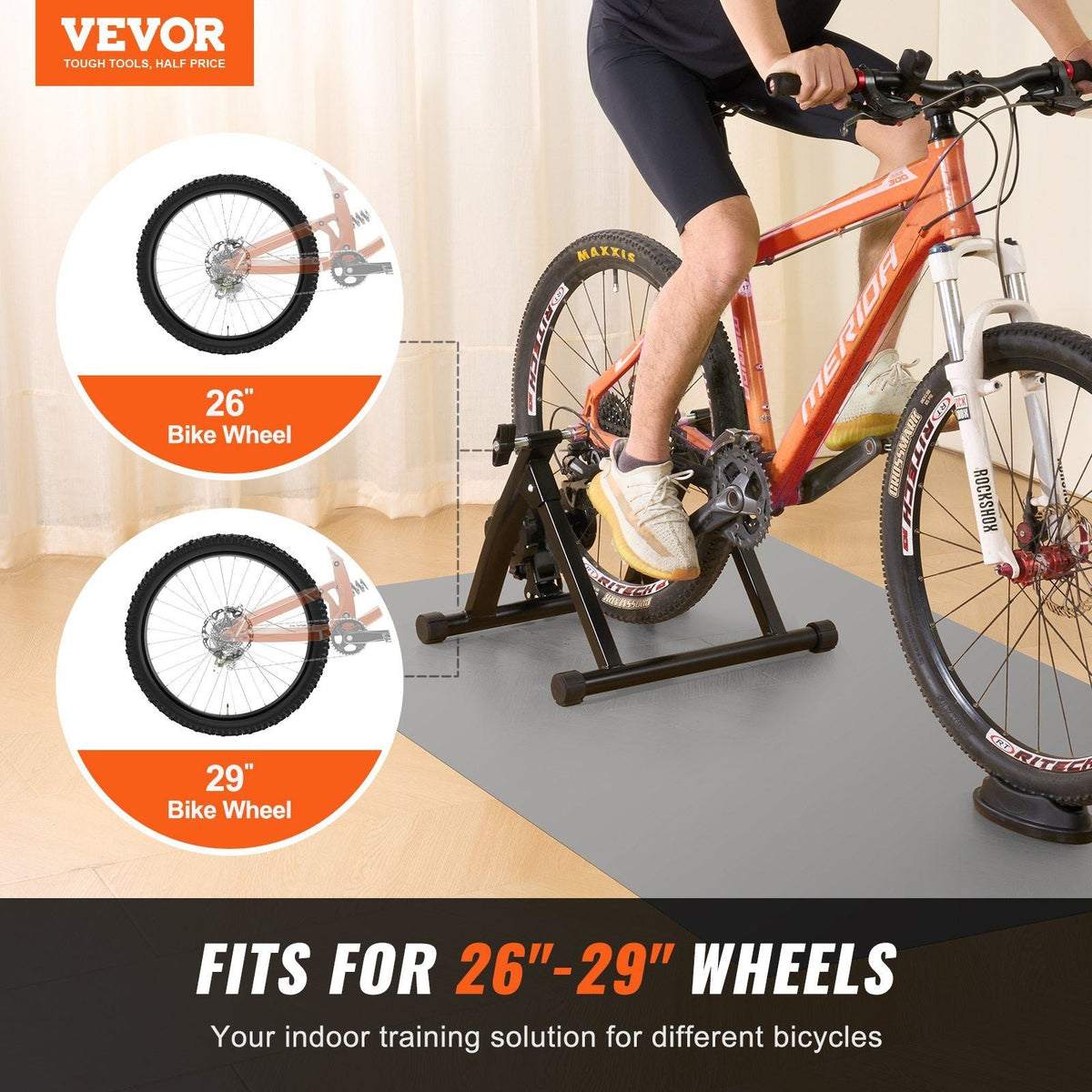 Bike Trainer Stand, Magnetic Stationary Bike Stand for 26"-29" Wheels, 6 Resistance Settings, Noise Reduction Flywheel Motor, for Indoor Riding Exercise, Quick-Release Lever & Front Wheel Riser