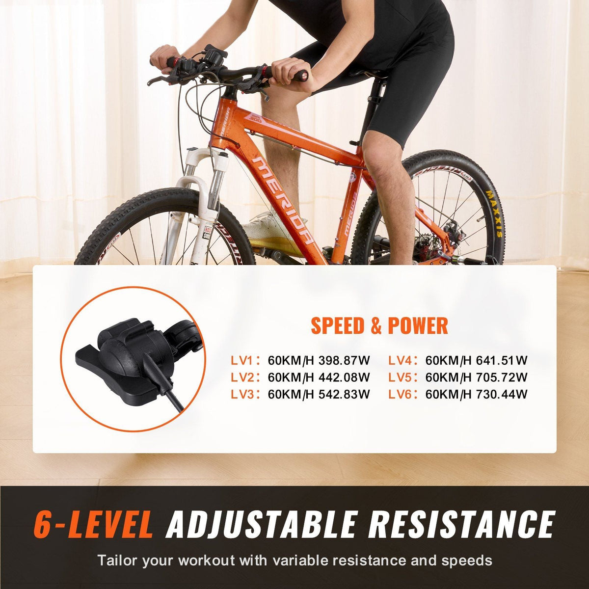 Bike Trainer Stand, Magnetic Stationary Bike Stand for 26"-29" Wheels, 6 Resistance Settings, Noise Reduction Flywheel Motor, for Indoor Riding Exercise, Quick-Release Lever & Front Wheel Riser