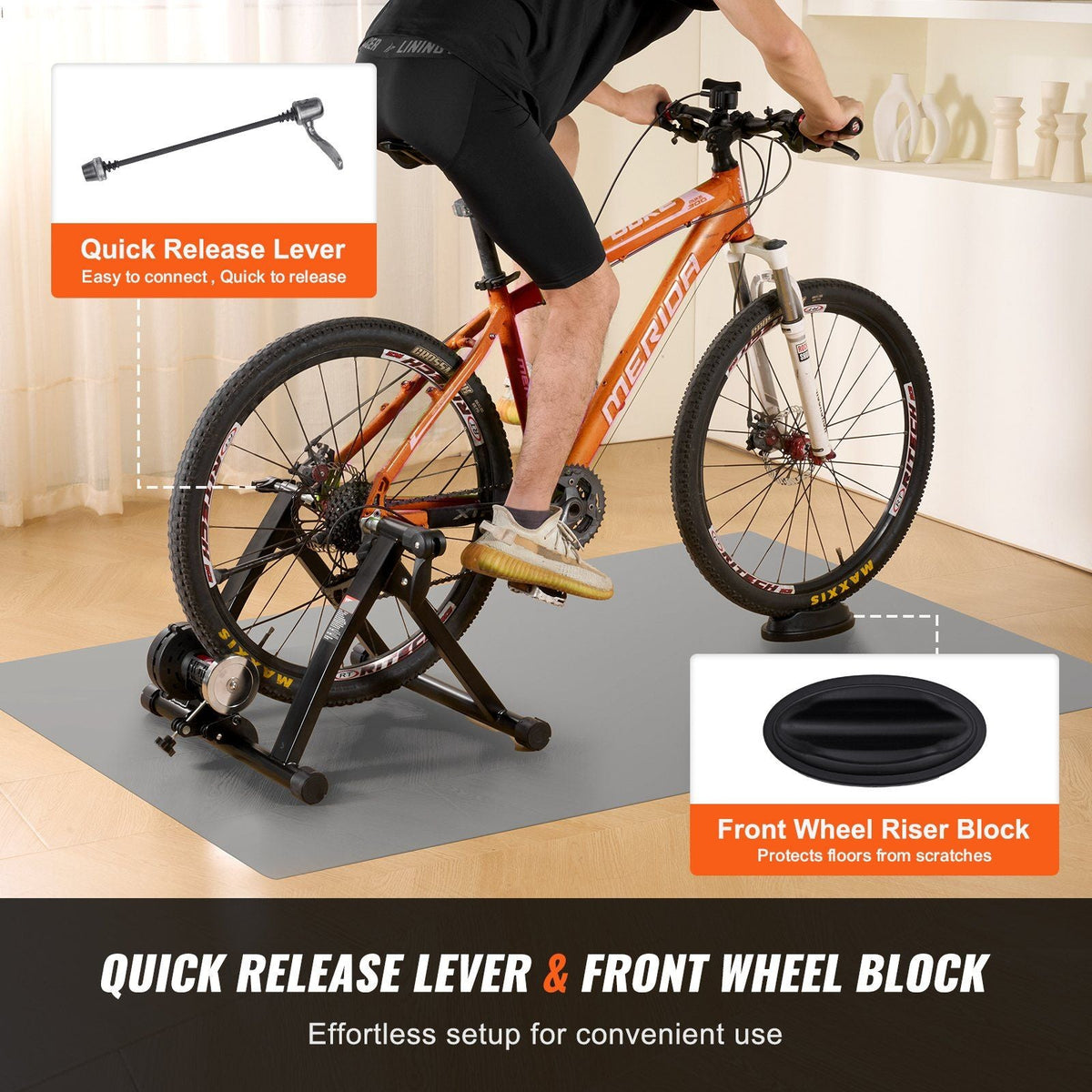 Bike Trainer Stand, Magnetic Stationary Bike Stand for 26"-29" Wheels, 6 Resistance Settings, Noise Reduction Flywheel Motor, for Indoor Riding Exercise, Quick-Release Lever & Front Wheel Riser