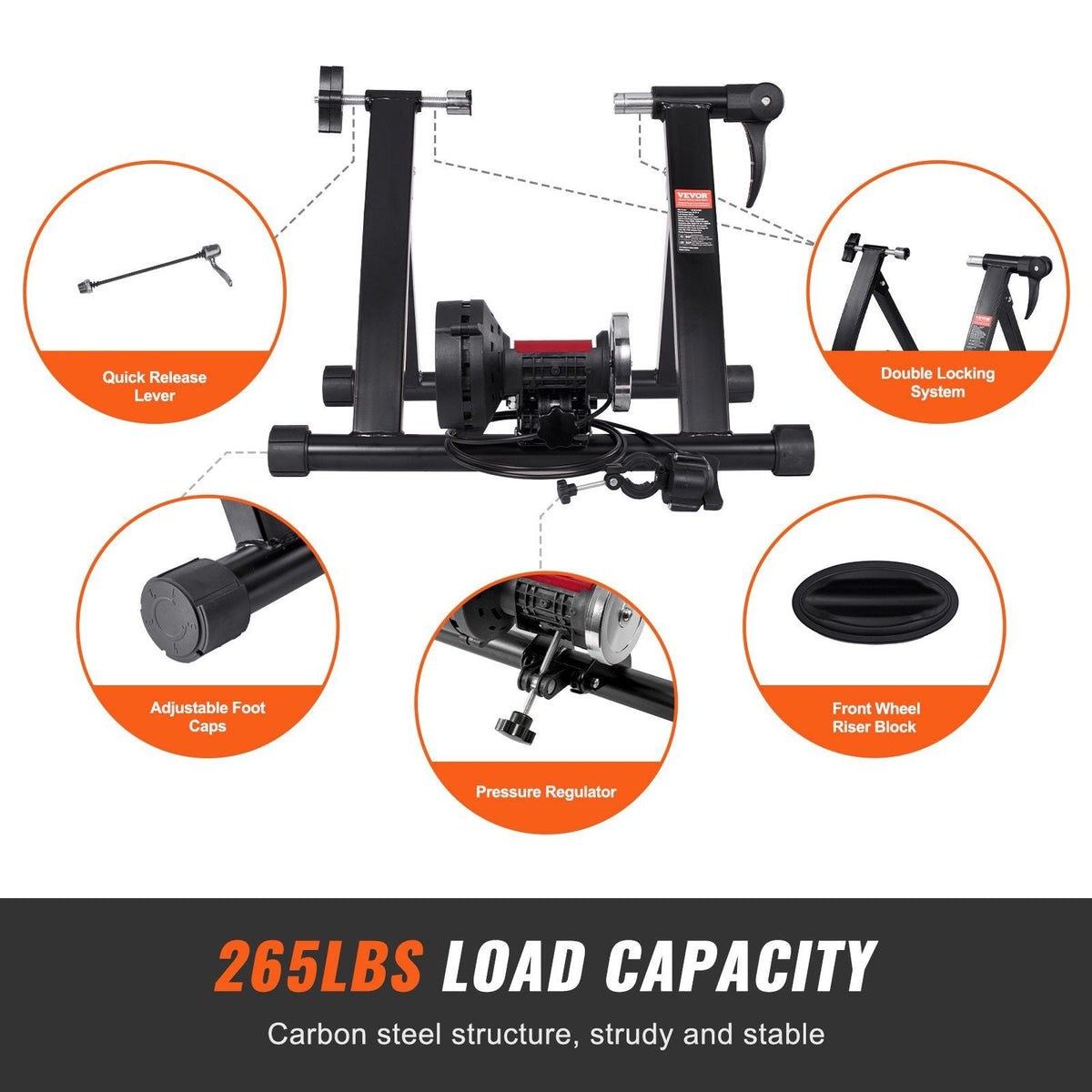 Bike Trainer Stand, Magnetic Stationary Bike Stand for 26"-29" Wheels, 6 Resistance Settings, Noise Reduction Flywheel Motor, for Indoor Riding Exercise, Quick-Release Lever & Front Wheel Riser