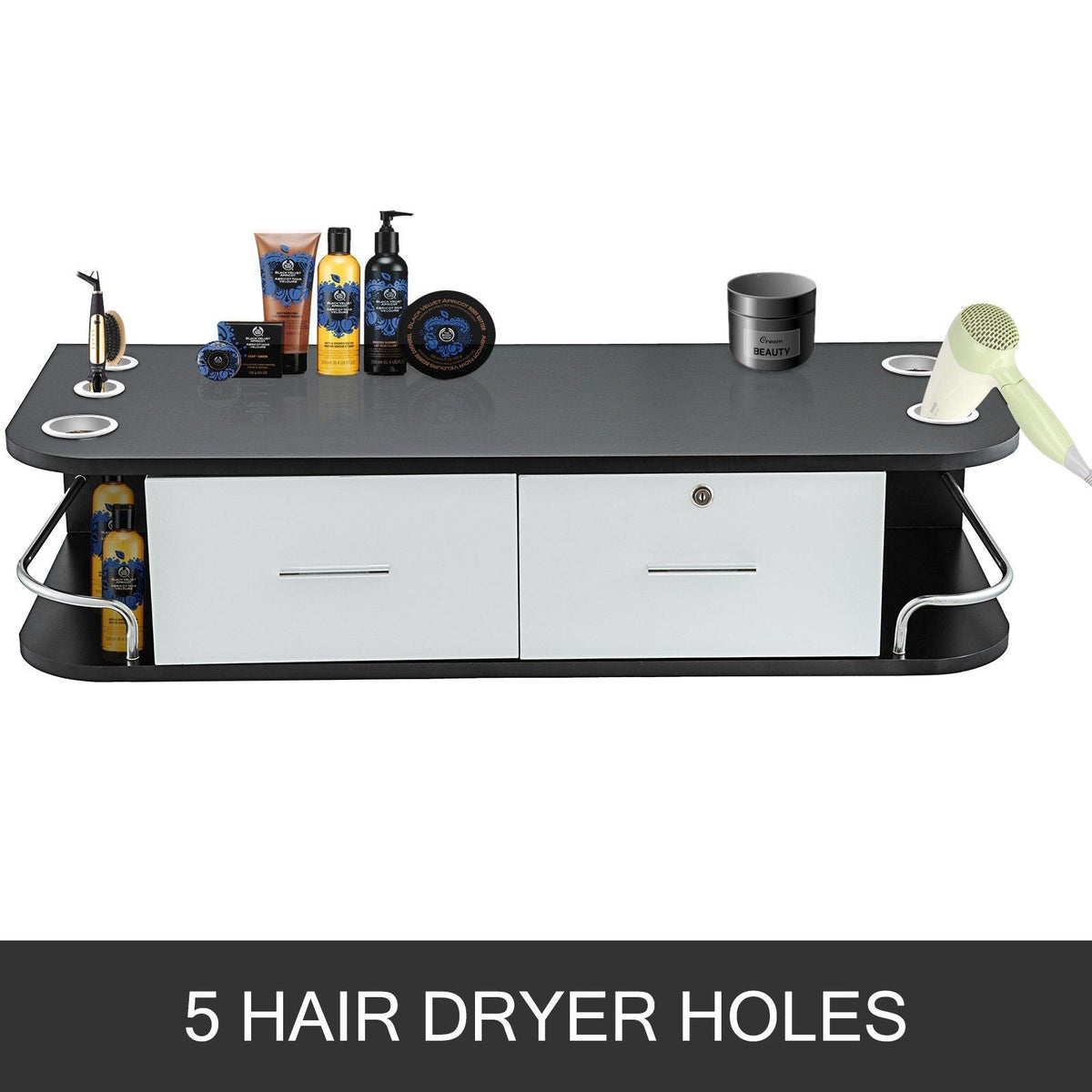 Black & White Salon Wall Mount Styling Station Classic Locking 2 Drawers Storage Beauty Salon Spa Equipment Barber Station