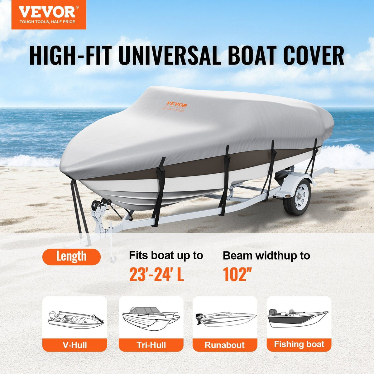 Boat Cover, 23'-24' Trailerable Waterproof Boat Cover, 600D Marine Grade PU Oxford, with Motor Cover and Buckle Straps, for V-Hull, Tri-Hull, Fish Ski Boat, Runabout, Bass Boat, Grey