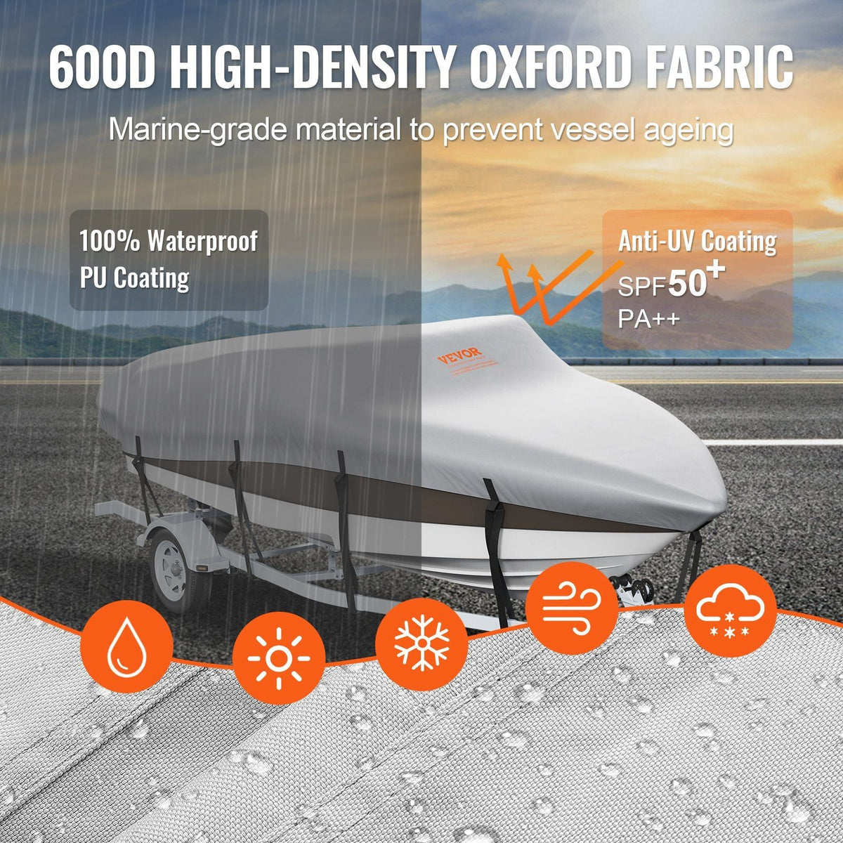 Boat Cover, 23'-24' Trailerable Waterproof Boat Cover, 600D Marine Grade PU Oxford, with Motor Cover and Buckle Straps, for V-Hull, Tri-Hull, Fish Ski Boat, Runabout, Bass Boat, Grey