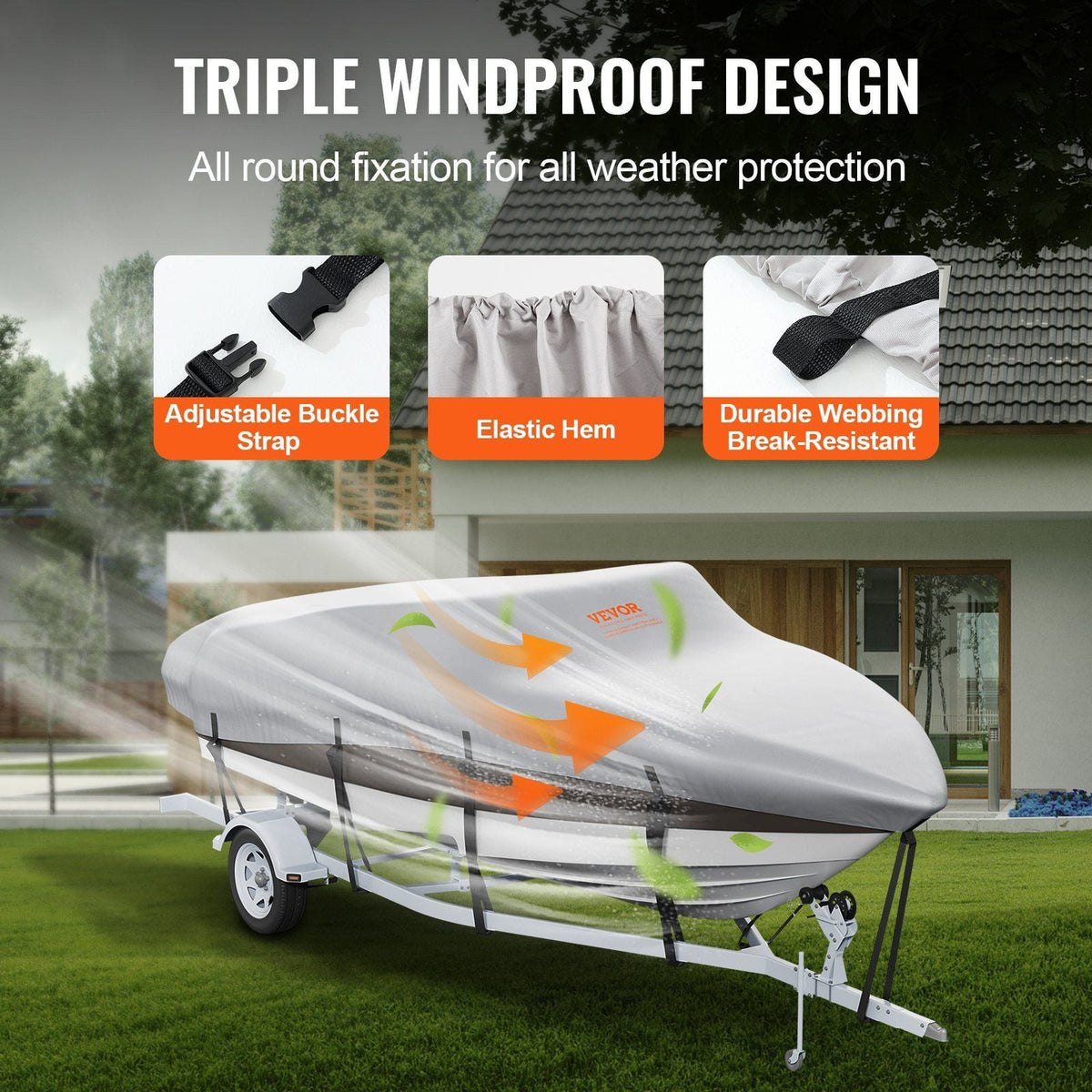 Boat Cover, 23'-24' Trailerable Waterproof Boat Cover, 600D Marine Grade PU Oxford, with Motor Cover and Buckle Straps, for V-Hull, Tri-Hull, Fish Ski Boat, Runabout, Bass Boat, Grey