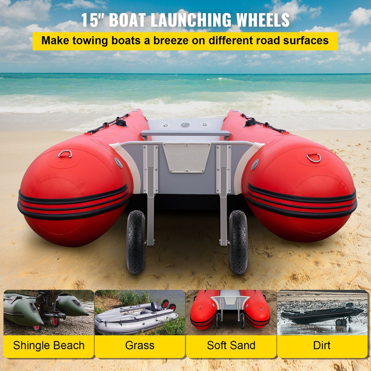 Boat Launching Wheels, 15" Boat Transom Launching Wheel, 600 LBS Loading Capacity Inflatable Boat Launch Wheels, Stainless Steel Transom Launching Dolly Wheels with 4 PCS of Quick Release Pins