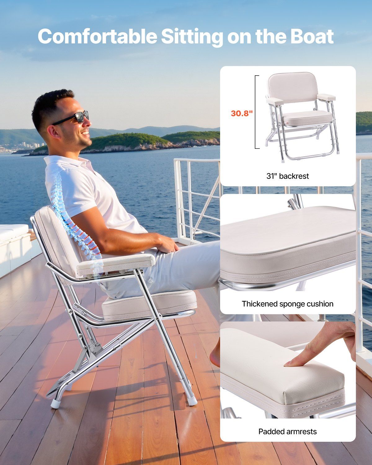 Boat Seat, Folding Deck Chair Boat Seat with Aluminum Alloy Frame, Thickened Sponge Cushion & Waterproof PVC Leather, Padded Armrests & Non-slip Foot Pads, for Boats, Yachts, Ships, White