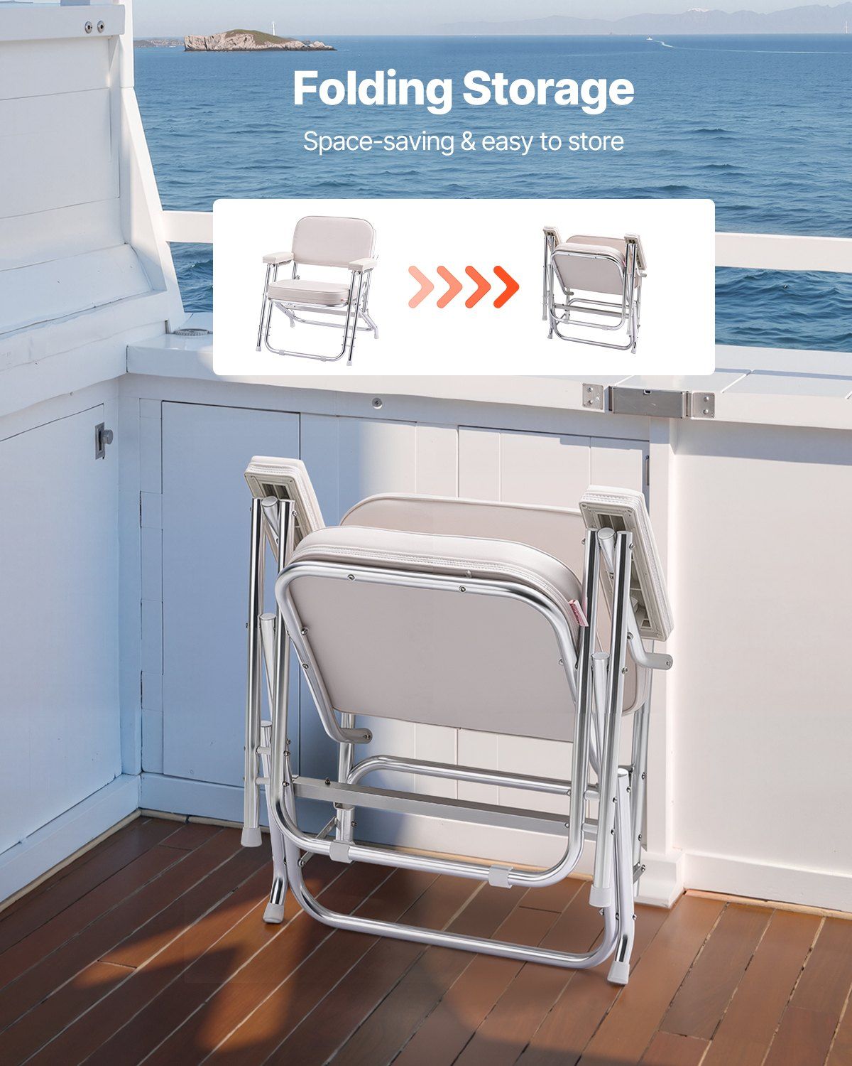 Boat Seat, Folding Deck Chair Boat Seat with Aluminum Alloy Frame, Thickened Sponge Cushion & Waterproof PVC Leather, Padded Armrests & Non-slip Foot Pads, for Boats, Yachts, Ships, White