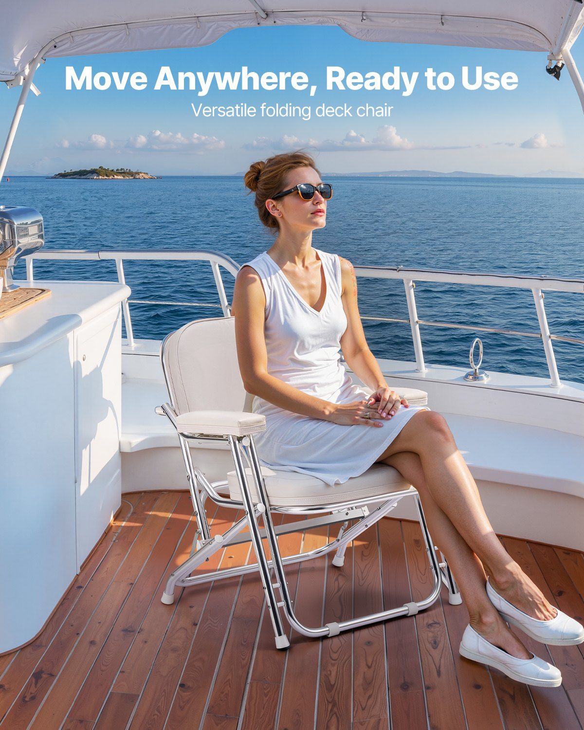 Boat Seat, Folding Deck Chair Boat Seat with Aluminum Alloy Frame, Thickened Sponge Cushion & Waterproof PVC Leather, Padded Armrests & Non-slip Foot Pads, for Boats, Yachts, Ships, White