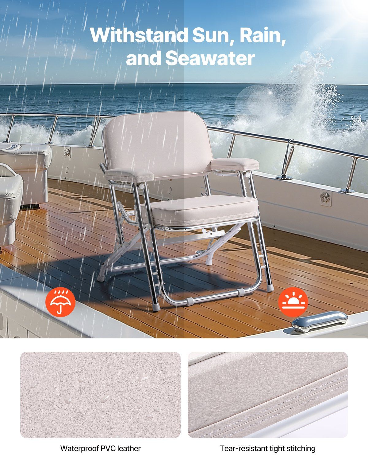 Boat Seat, Folding Deck Chair Boat Seat with Aluminum Alloy Frame, Thickened Sponge Cushion & Waterproof PVC Leather, Padded Armrests & Non-slip Foot Pads, for Boats, Yachts, Ships, White