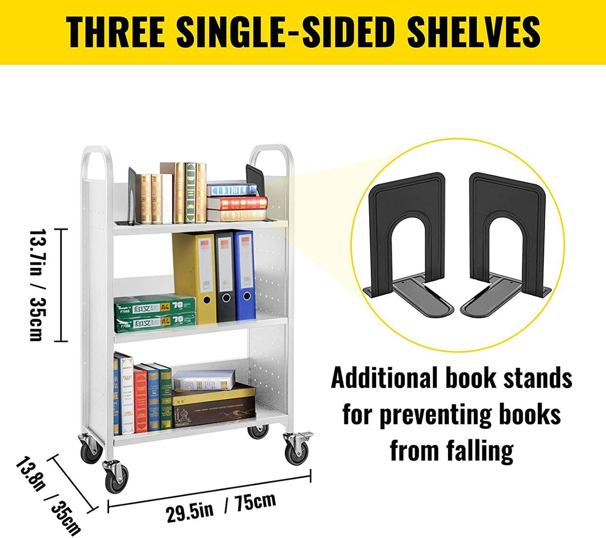 Book Cart, 200lbs Library Cart, 30x14x49 Inch Rolling Book Cart Single Sided L-Shaped Flat Shelves with 4 Inch Lockable Wheels, for Home Shelves Office and School Book Truck in White
