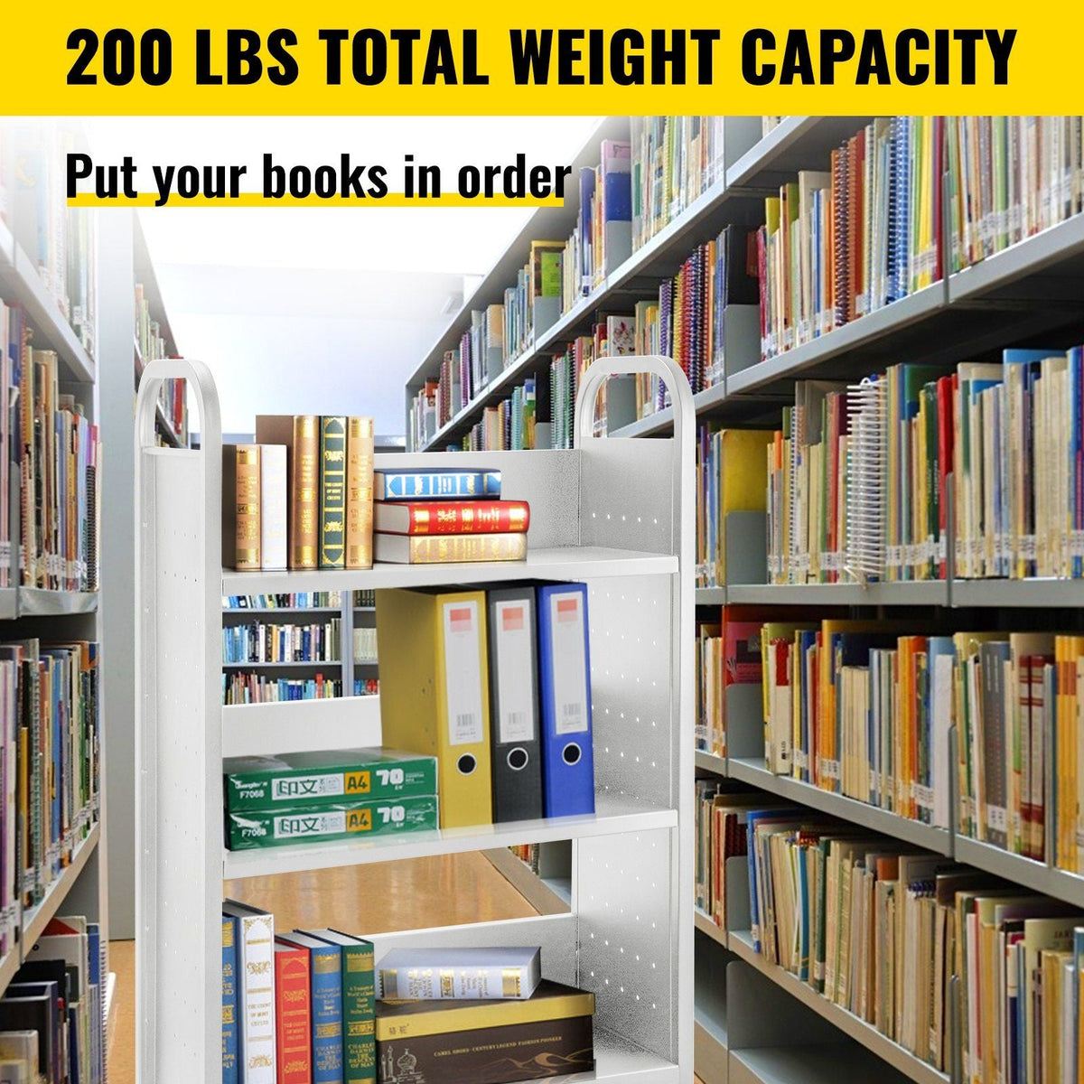 Book Cart, 200lbs Library Cart, 30x14x49 Inch Rolling Book Cart Single Sided L-Shaped Flat Shelves with 4 Inch Lockable Wheels, for Home Shelves Office and School Book Truck in White