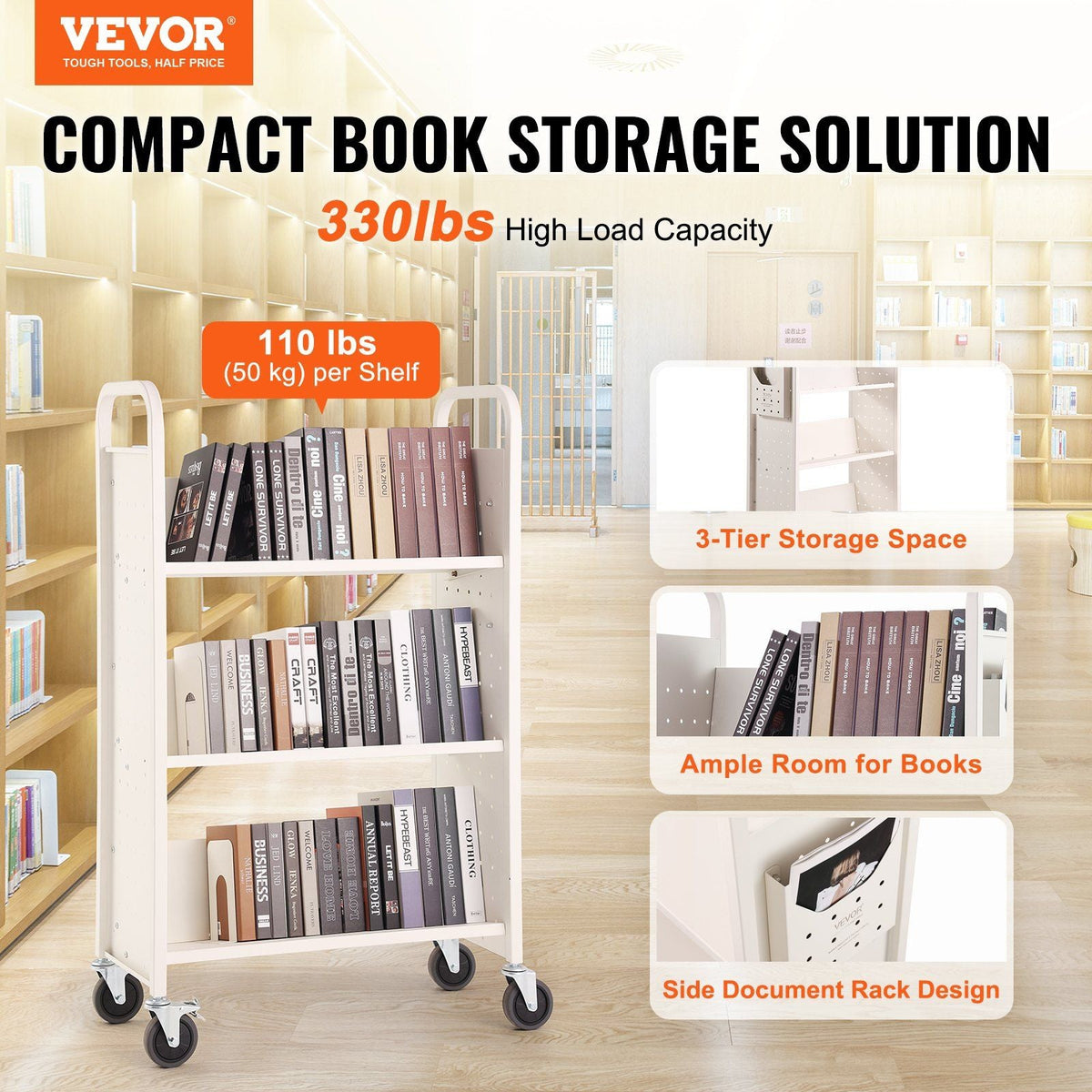 Book Cart, 330 lbs Library Cart, 31.1" x 15.2" x 49.2" Rolling Book Cart, Single Sided V-Shaped Sloped Shelves with 4-Inch Lockable Wheels for Home Shelves Office and School, Book Truck in White