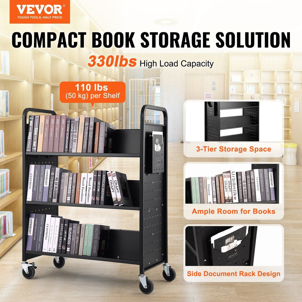 Book Cart, 330 lbs Library Cart, 39.4" x 20.1" x 49.2" Rolling Book Cart, Double Sided W-Shaped Sloped Shelves with 4-Inch Lockable Wheels for Home Shelves Office School, Book Truck in Black