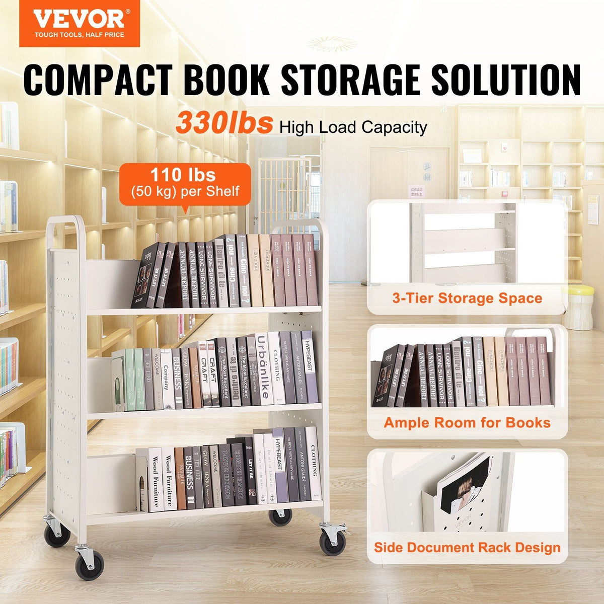 Book Cart, 330 lbs Library Cart, 39.4" x 20.1" x 49.2" Rolling Book Cart, Double Sided W-Shaped Sloped Shelves with 4-Inch Lockable Wheels for Home Shelves Office School, Book Truck in White
