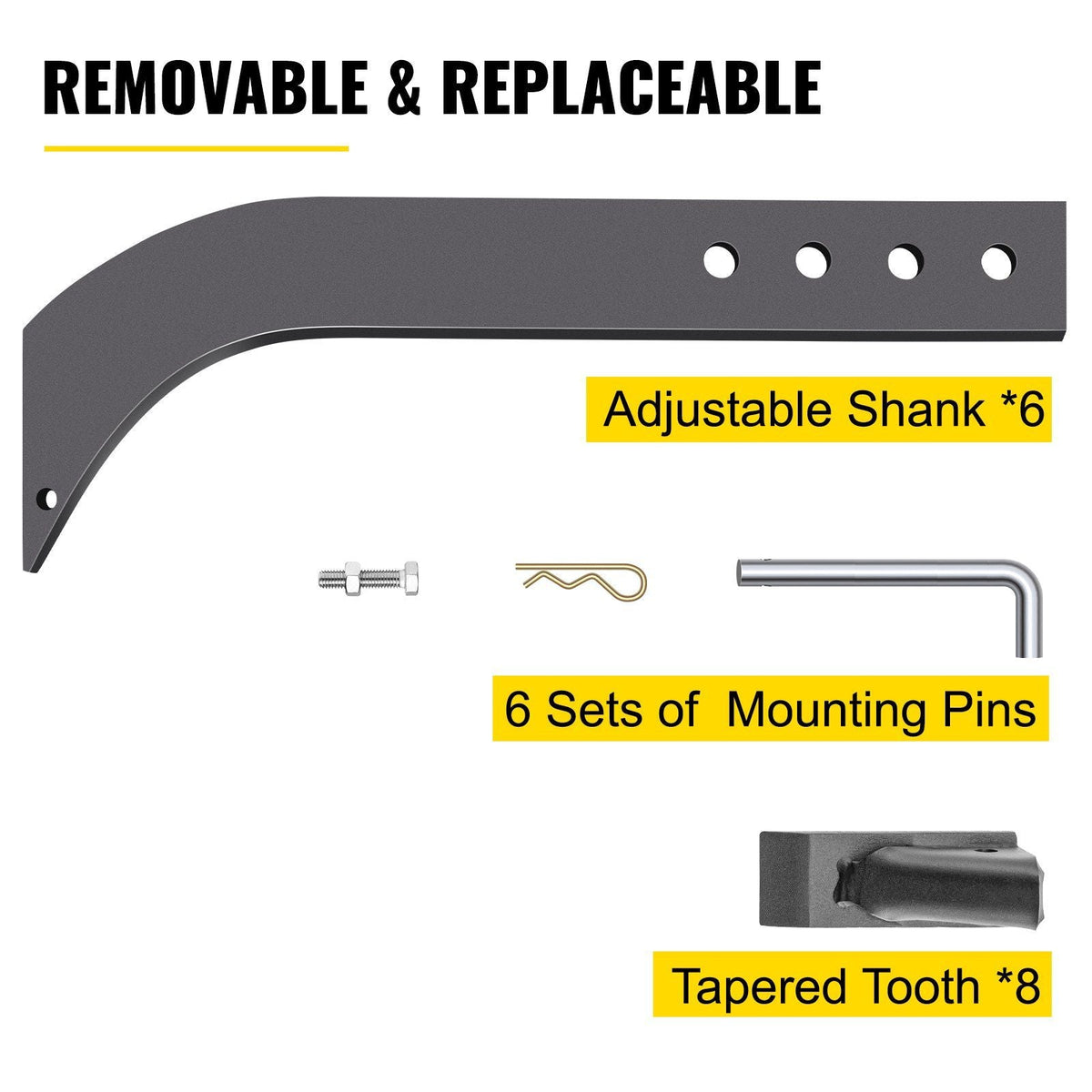 Box Blade Shank, 18'' Scarifier Shank, 4 Holes Box Scraper Shank, Ripper Shank with Removable Tapered Teeth and Pins, Adjustable Shanks Assembly for Replacement, Digging, Plowing, 6PCS