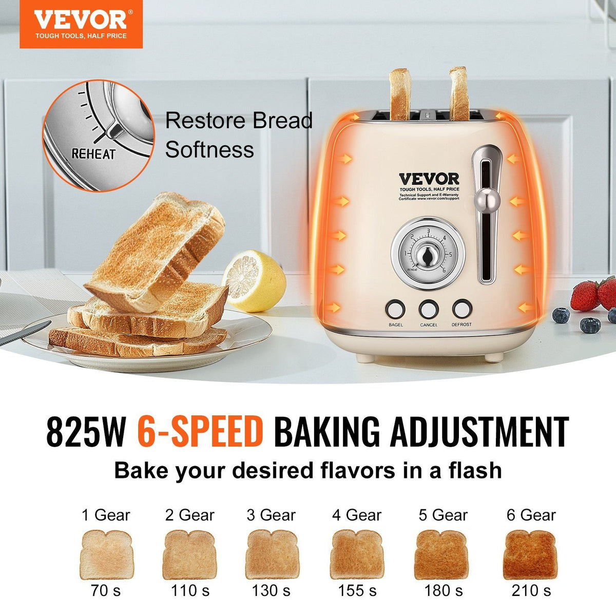 Brushed Stainless Steel Toaster, 2 Slice, 825W 1.5'' Extra Wide Slots Toaster with Removable Crumb Tray 5 Browning Levels, Cancel Defrost and Bagel Functions for Toasting Bread Bagel Waffle