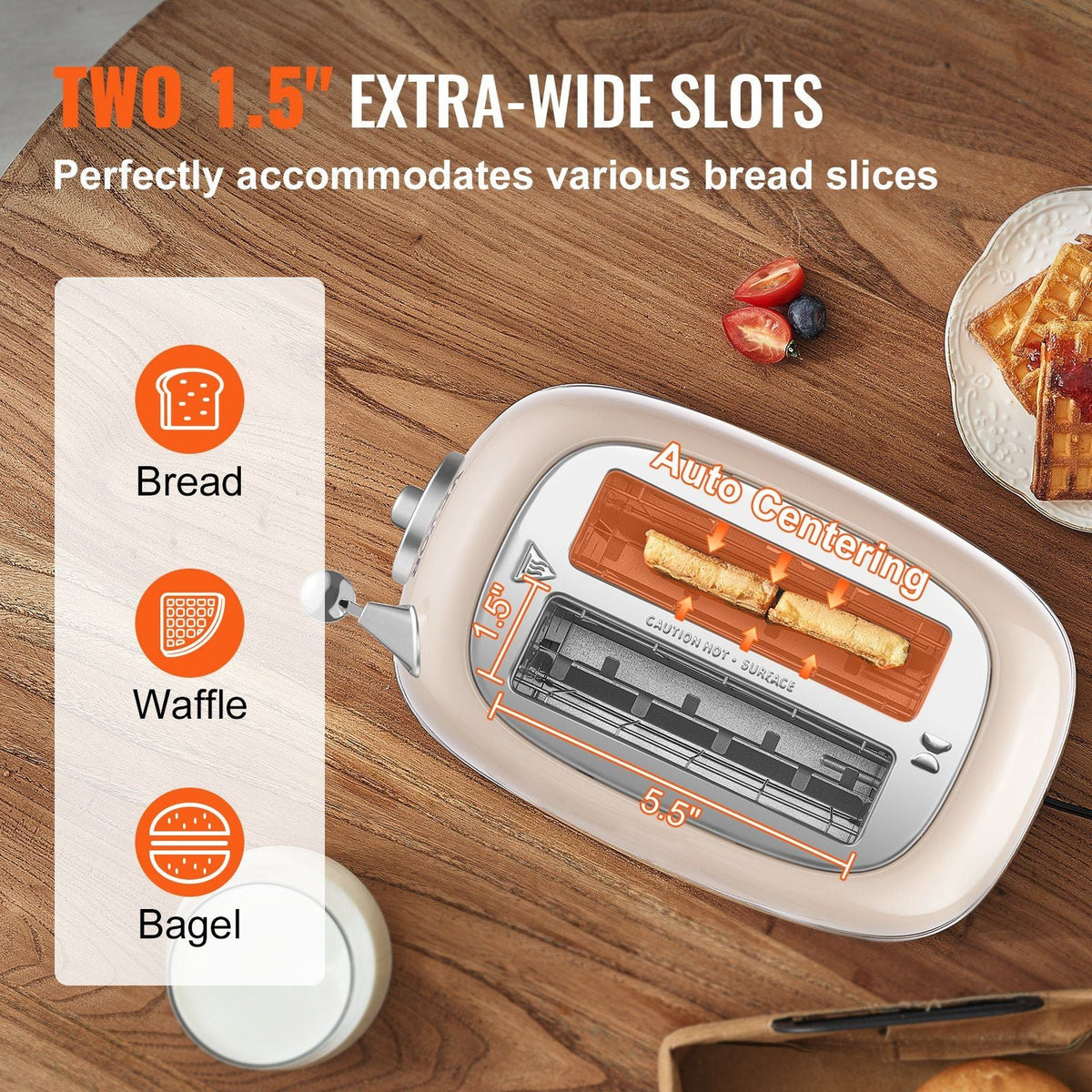 Brushed Stainless Steel Toaster, 2 Slice, 825W 1.5'' Extra Wide Slots Toaster with Removable Crumb Tray 5 Browning Levels, Cancel Defrost and Bagel Functions for Toasting Bread Bagel Waffle