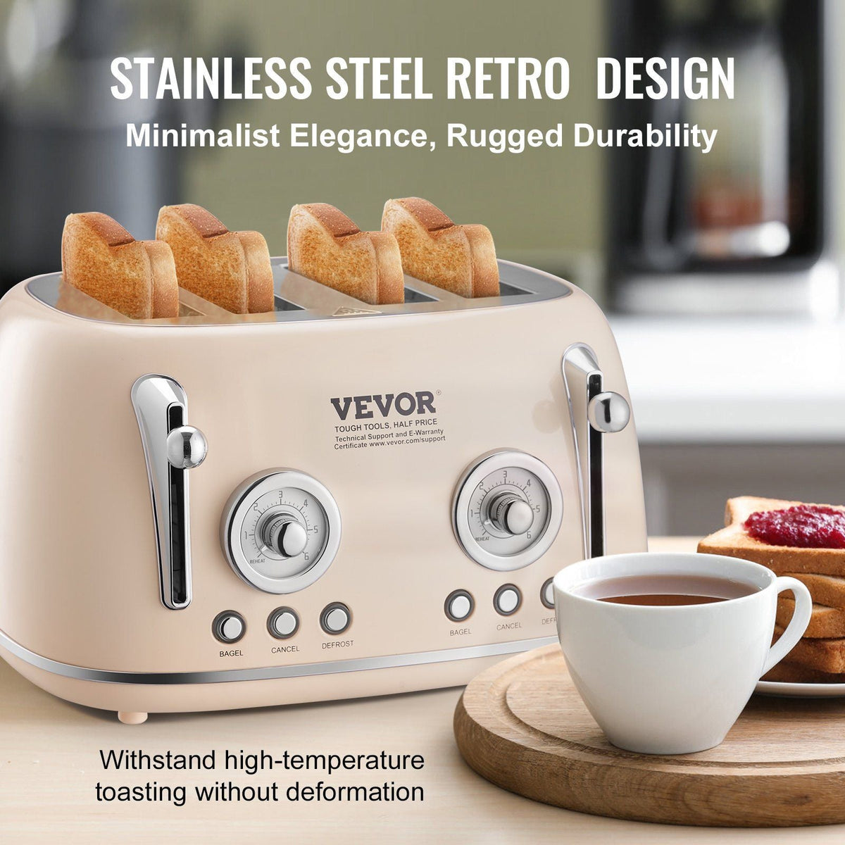 Brushed Stainless Steel Toaster, 4 Slice, 1650W 1.5'' Extra Wide Slots Toaster with Removable Crumb Tray 5 Browning Levels, Cancel Defrost and Bagel Functions for Toasting Bread Bagel Waffle