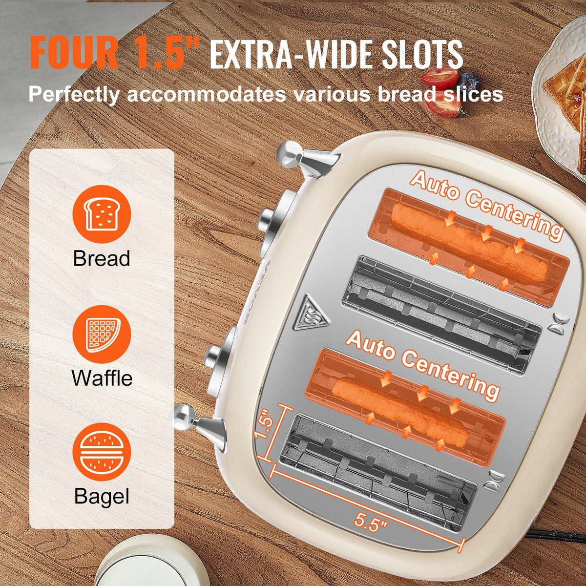 Brushed Stainless Steel Toaster, 4 Slice, 1650W 1.5'' Extra Wide Slots Toaster with Removable Crumb Tray 5 Browning Levels, Cancel Defrost and Bagel Functions for Toasting Bread Bagel Waffle