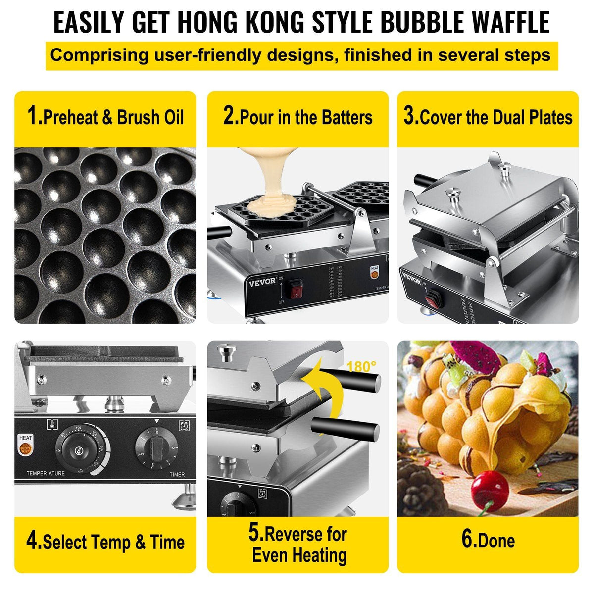 Bubble Waffle Maker, 110V Electric Egg Waffle Maker, 1500W Hong Kong Egg Puff Machine w/2 Reversible Pans, Commercial Bubble Waffle Machine w/Non-Stick Teflon Coating, 122-572°F Omelette Maker