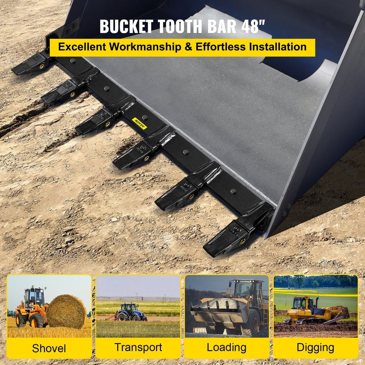 Bucket Tooth Bar, 48'' Inside Bucket Width Tractor Bucket Teeth, 9.84'' Teeth Space Tooth Bar for Loader Bucket 23TF, Bolt on Tooth Bucket Enables Penetration of Compacted Soil