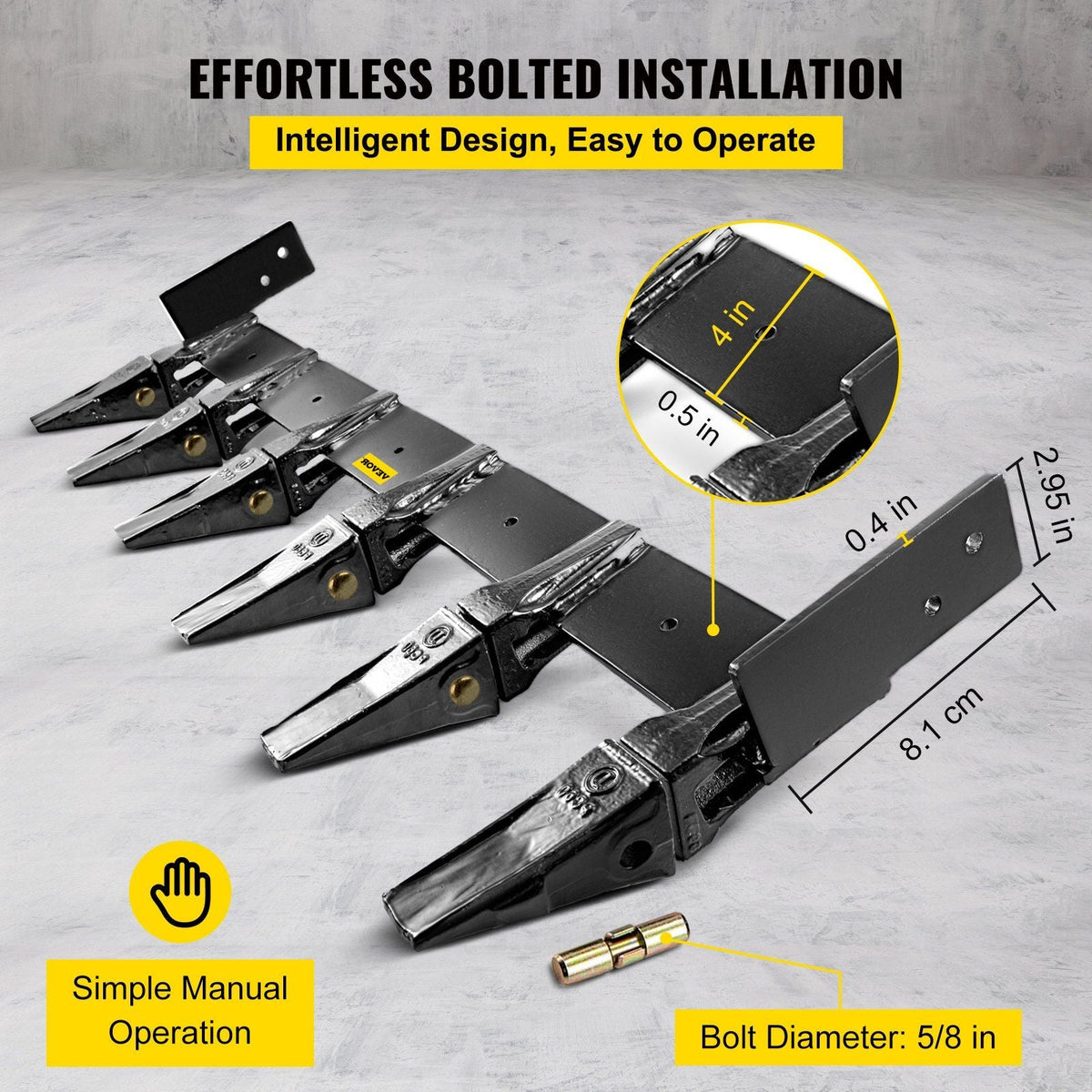 Bucket Tooth Bar 60'' Inside Bucket Width Tractor Bucket Teeth 9.84'' Teeth Space Tooth Bar for Loader Bucket 23TF Bolt on Tooth Bucket Enables Penetration of Compacted Soil and Other Materials