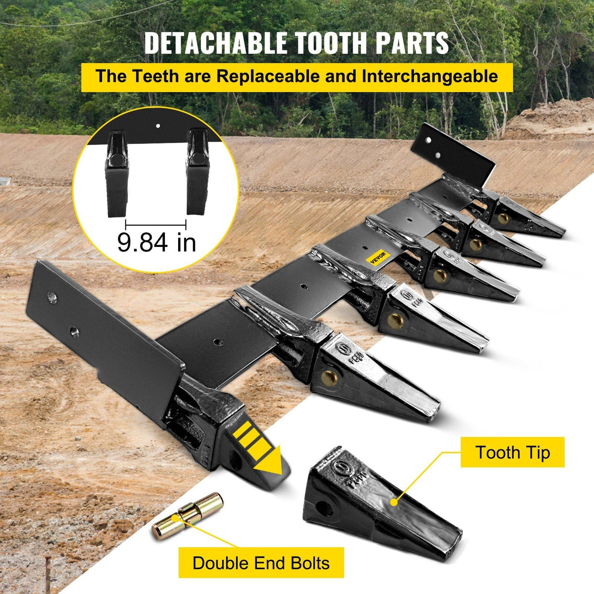 Bucket Tooth Bar 60'' Inside Bucket Width Tractor Bucket Teeth 9.84'' Teeth Space Tooth Bar for Loader Bucket 23TF Bolt on Tooth Bucket Enables Penetration of Compacted Soil and Other Materials